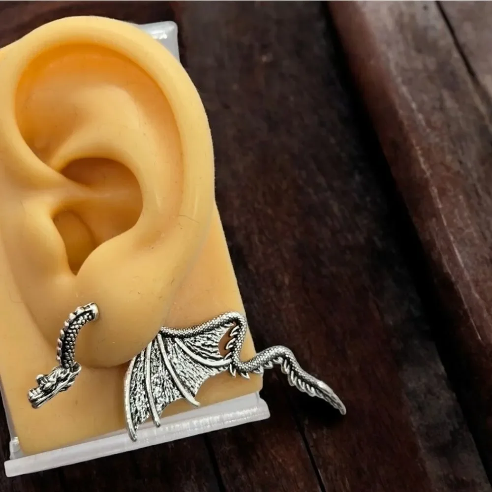 Silver Dragon Ear Jacket Earrings Gothic Fantasy Winged Dragon Cosplay Jewelry